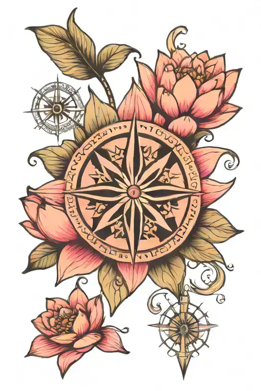 Pink Blooming Lotus Flower And Compass