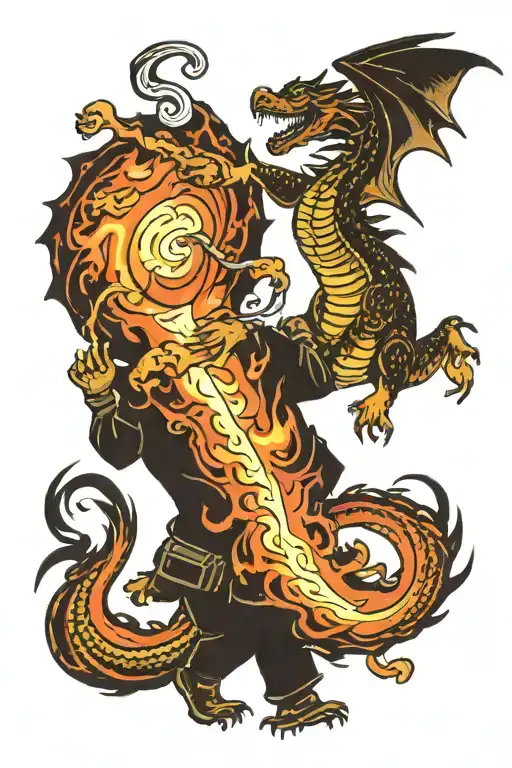 Enligh Dragon Breathing Fire Down Onto A Firefighter