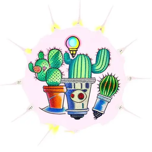 A Traditional Style Tattoo Of A Cactus Surrounded By Glowing Light Bulbs