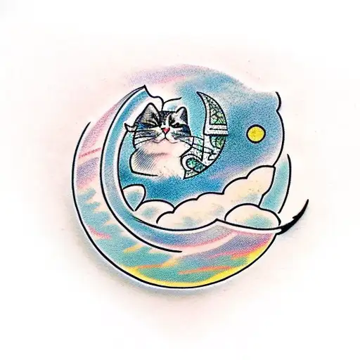 Crescent Moon With Cat Sitting On The End