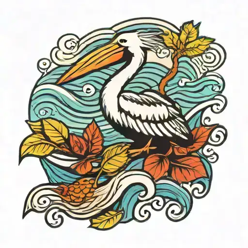 Pelican And Turtle With Waves And Gum Leaves