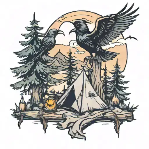 A Spooky Halloween-themed Camping Scene With Crows Perched On Pine Trees