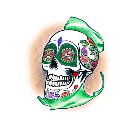 Sugar Skull Wearing A Surgical Mask Surrounded By Traditional Mexican Food Items