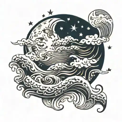 Full Moon With Stars And Waves Flowing