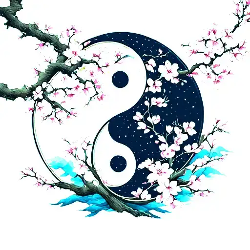 Ying And Yang With Cherry Blossom Tree