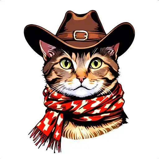 Cat Wearing A Cowboy Hat And A Scarf Around It's Neck