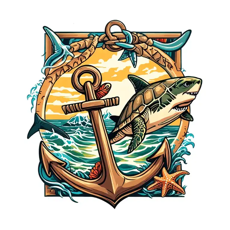 Anchor With Turtle And Shark And Starfish Floating