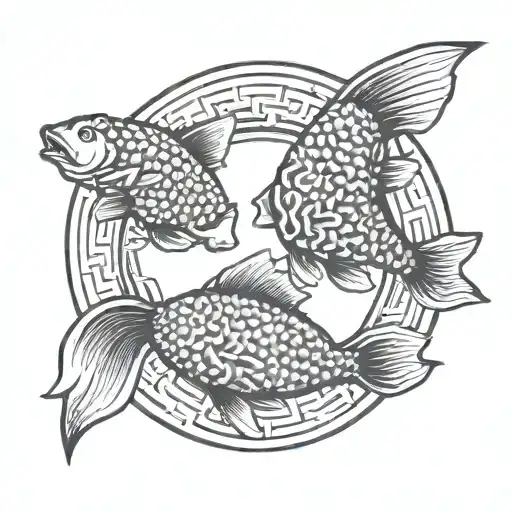 2 Karp Fish Swimming In A Circle Pattern Opposite Directions With Chinese Symbol In The Middle