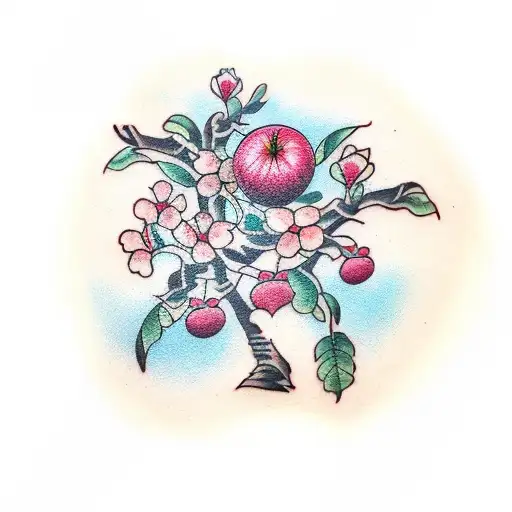 A Traditional Style Tattoo Of A Guava Tree Blooming With Flowers