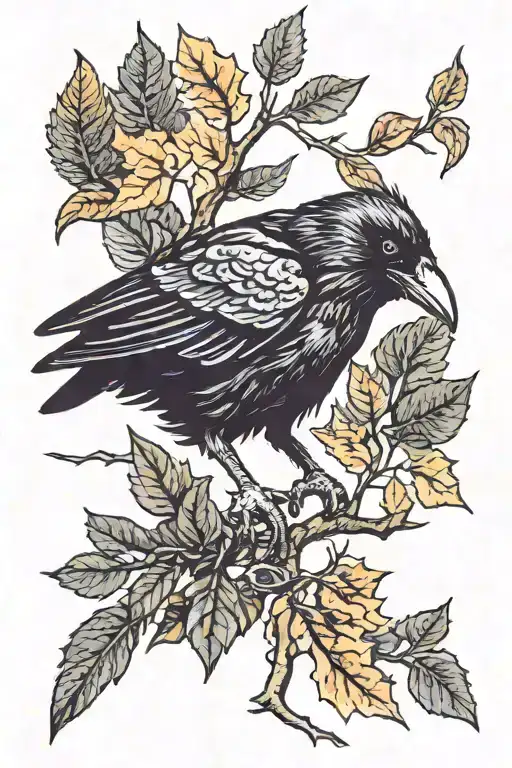 Crow Holding Branch In Mouth Surrounded By Autumn Leaves