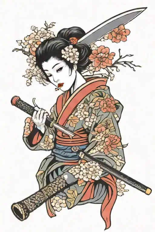 Geisha Holding A Katana Background Filler Oriental Flowers