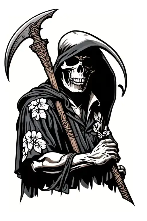 Front Facing Grim Reaper Holding A Scythe And Wearing A Hawaiian Shirt