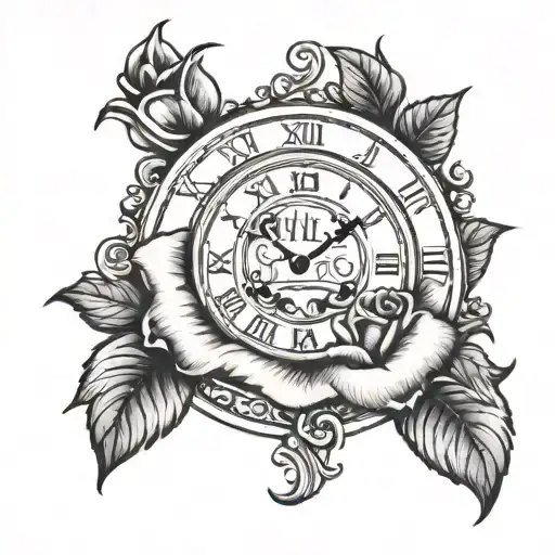 Kyla Name And Clock In Rose Tattoo Design