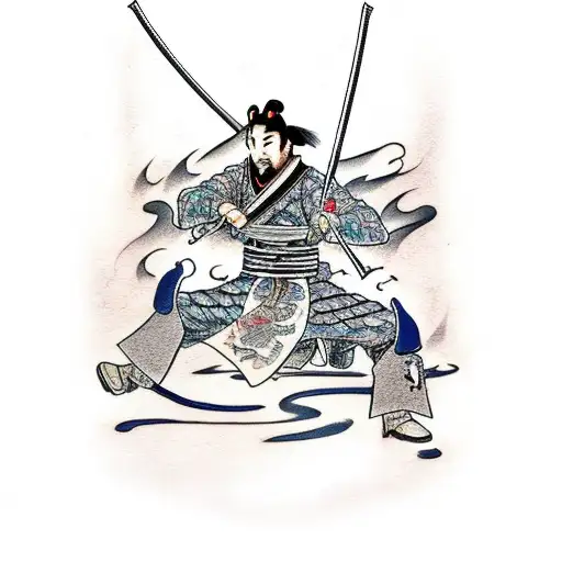 A Traditional Japanese Samurai Warrior Wielding A Katana In A Fierce Battle With A Dragon