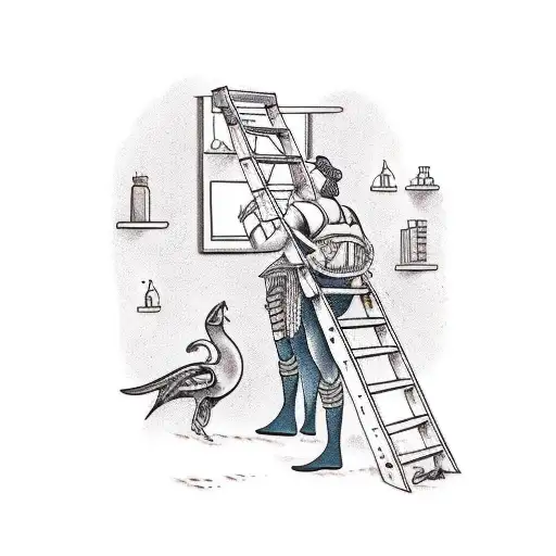 Standing Open Book With Empty Left Side On Right Side There Is A Lady On Ladder Writing The Book