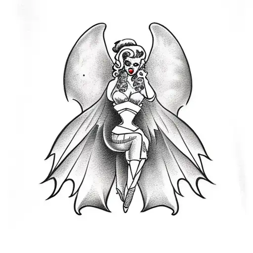 American Traditional Pinup With Big Hair And Bat Wings