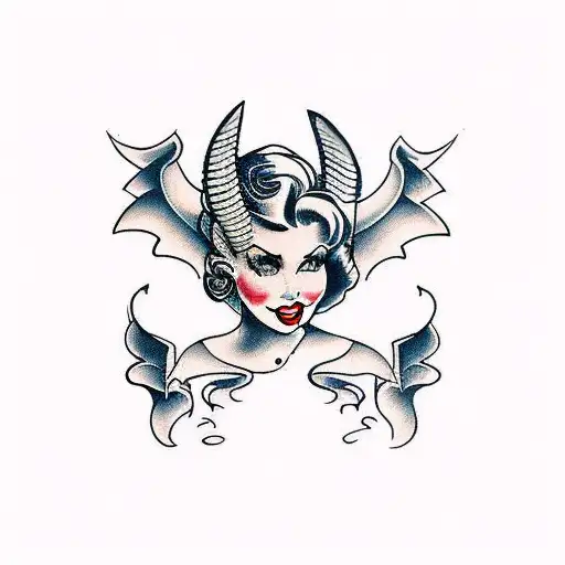 American Traditional Pinup With Big Hair And Bat Wings