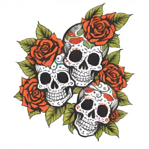 Three Flowered Mexican Skulls Of The Dead