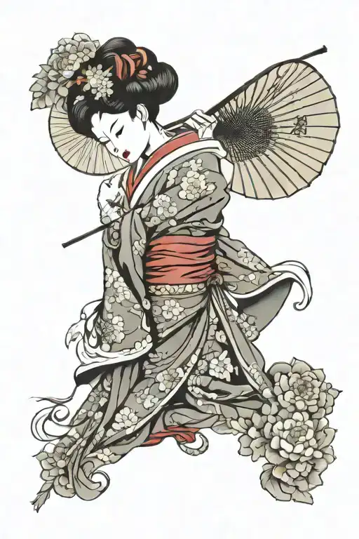 Geisha Using Oriental Straw Hat Holding A Fan With Chrysanthemum Floral Filler