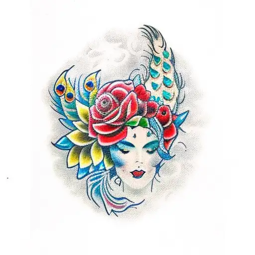 A Traditional Style Tattoo Of A Peacock Surrounded By Red Roses