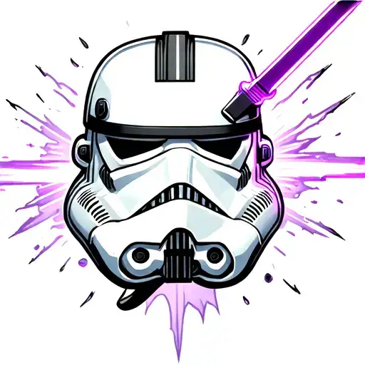 Storm Trooper Helmet With Purple Light Saber Dagger Stabbing Down Into It