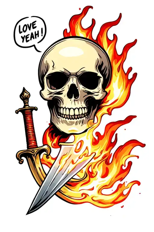 Skull With A Dagger In It And The Dagger Is On Fire And The Skull Is Saying Yeah Love It