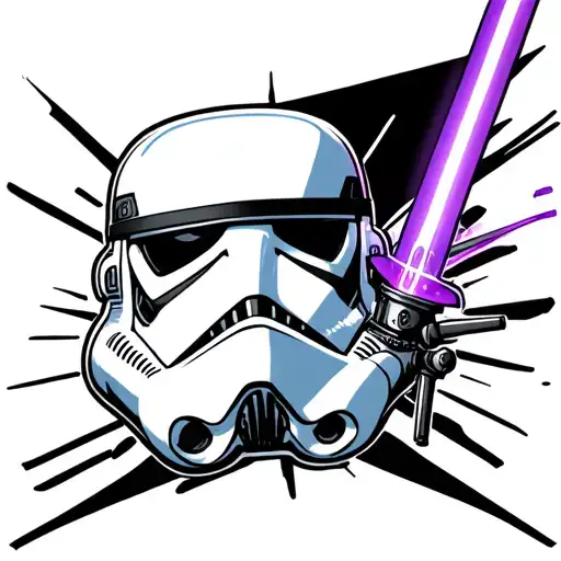 Storm Trooper Helmet With Purple Light Saber Dagger Stabbing Through It