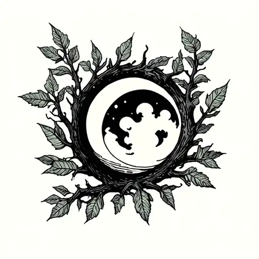 Dead Tree Branches And Leaves With A Moon Surrounded