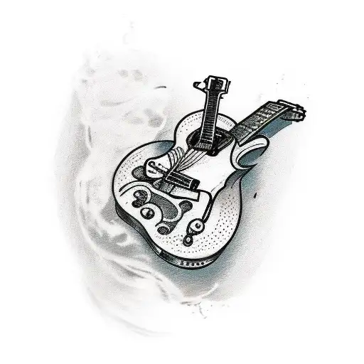 A Sketch Style Tattoo Of A Guitar And A Tattoo Machine Creating Music Notes As They Collide