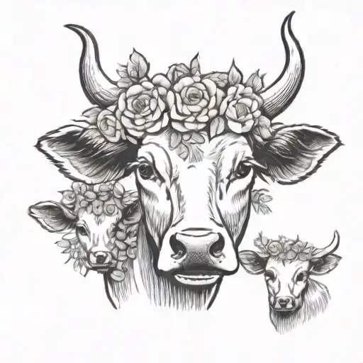 Mother Cow Wearing A Flower Crown With Two Calves