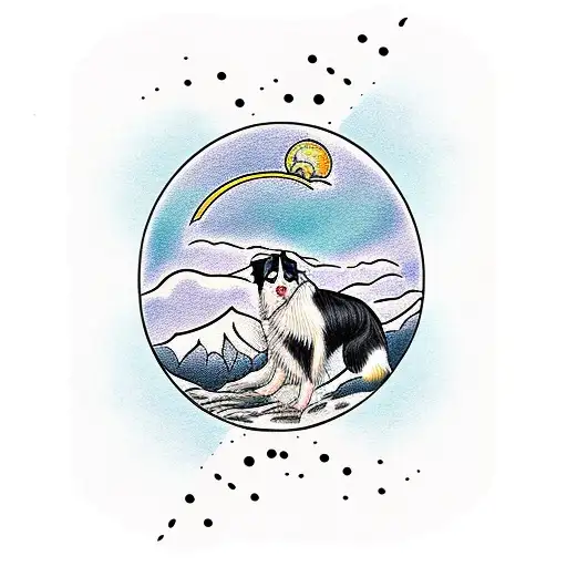 Border Collie With Mountains And A Moon Only Black Ink