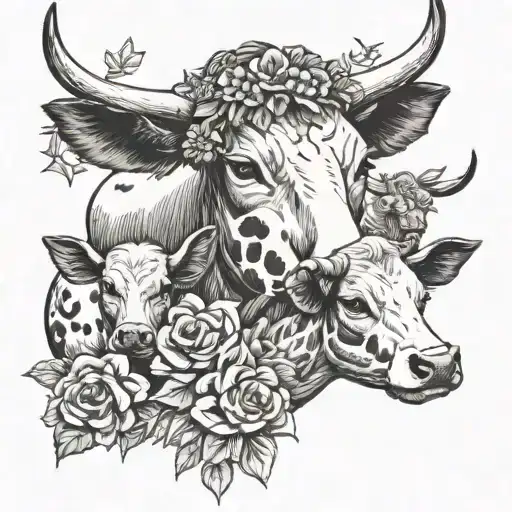 Mother Cow Wearing A Flower Crown With Two Calves Laying Down