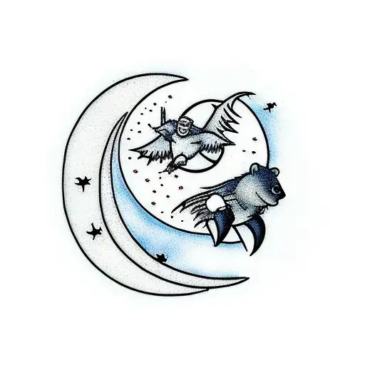 Bear Looking At Moon With Bats Flying By