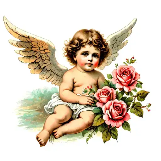 Baby Angel With Roses Blooming