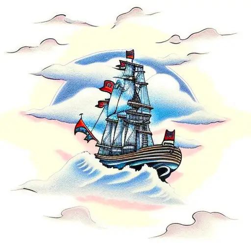 A Traditional Pirate Ship Sailing Through A Storm Of Electric Guitars