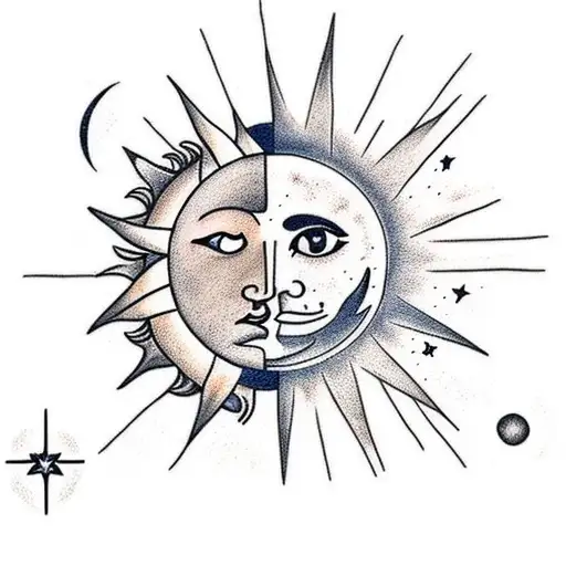 Sun And Moon With Stars And Clouds