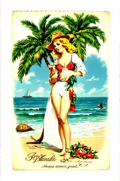 Blonde Girl On Beach Scene With Palm