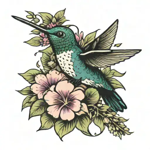 Hummingbird With Breast Cancer Ribbon In Beak And Wildflowers Going Down Breast