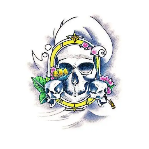 A New-school Style Tattoo Of A Designer's Interpretation Of A Nature Scene Incorporating Skulls