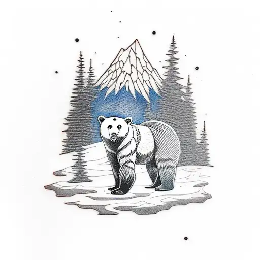 Bear In The Forest At Night And Snow Mountains