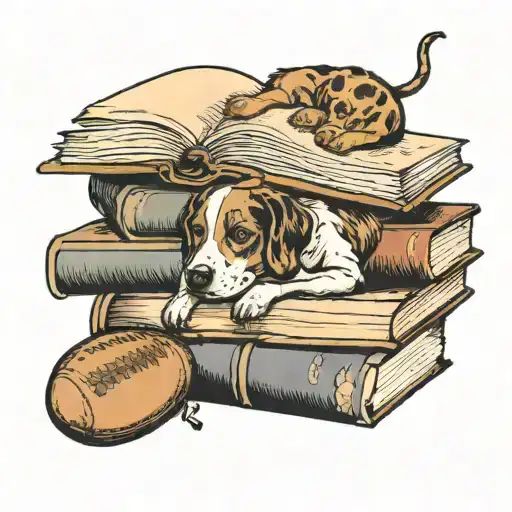 A Stack Of Books With A Football And A Dog Resting On Top