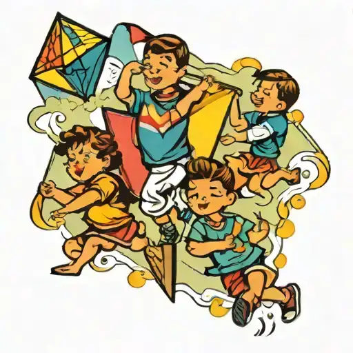 A Traditional Tattoo Of A Group Of Kids Playing With Colorful Kites In The Sky
