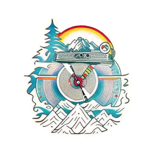 Traditional Style Tattoo Of A Dj Spinning Records On A Mountain Peak