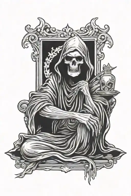 Grim Reaper Sitting Down Holding His Head With A Crown