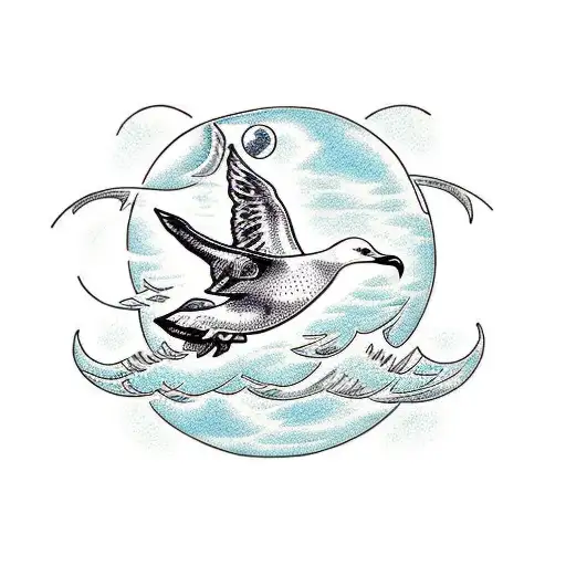 A Dotwork Tattoo Of A Seagull Flying Over A Calm Ocean At Sunset