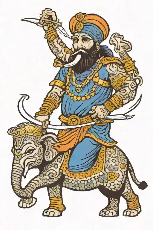 Sikh Warrior Wielding Sword Fighting Elephant Surrounded