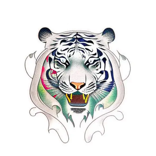 A Traditional Style Tattoo Of A Tiger Walking Through The Streets Of Tokyo