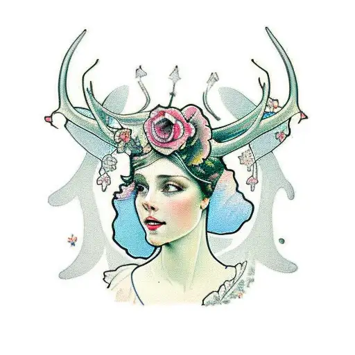 Lady With Deer Horns And A In Front Of A Tree Full Body On A Alfons Mucha Style