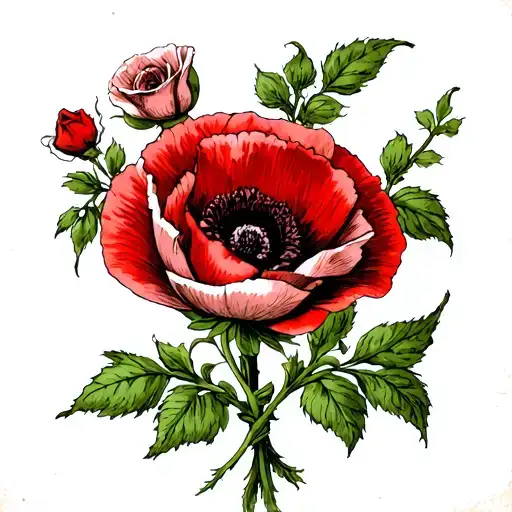 Rose And Poppy Flower With Stems Tied Together
