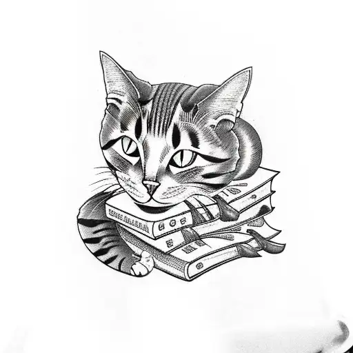A Traditional Style Tattoo Of A Cat Curled Up Next To A Stack Of Programming Books
